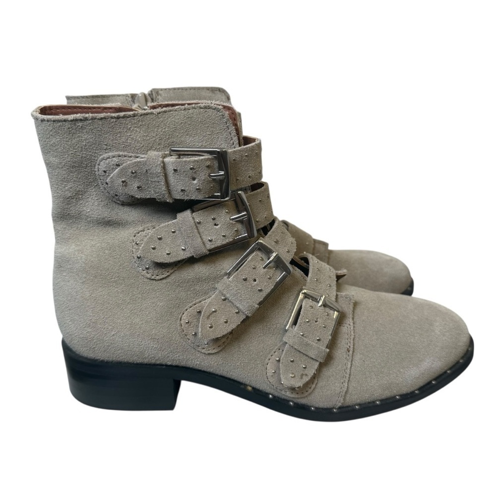 Black Suede Studio Tan Suede Layla Bootie Size 8.5 Studded Buckles Neutral